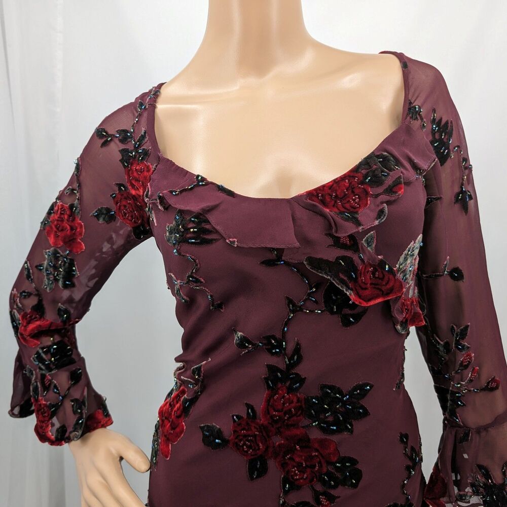 Vintage 1990s y2k Sue Wong Midi Dress Whimsygoth Floral Beaded Silk Fairy Size 2 - Picture 7 of 14